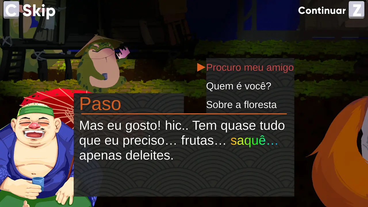Diálogo com Paso, personagem de chapéu de palha e copo de saquê, com opções de resposta na tela.