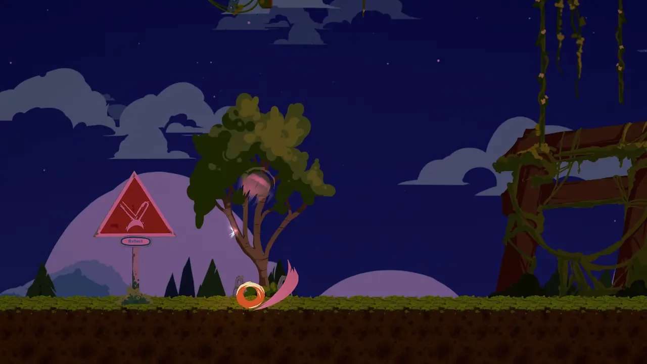 A protagonista gira em alta velocidade num campo sob céu noturno estrelado, perto de uma placa de aviso vermelha.
