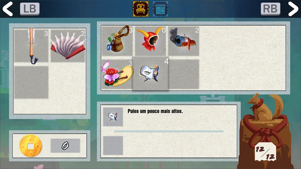 Tela de itens do No-Hi, onde o jogador combina equipamentos para personalizar o estilo de jogo.
