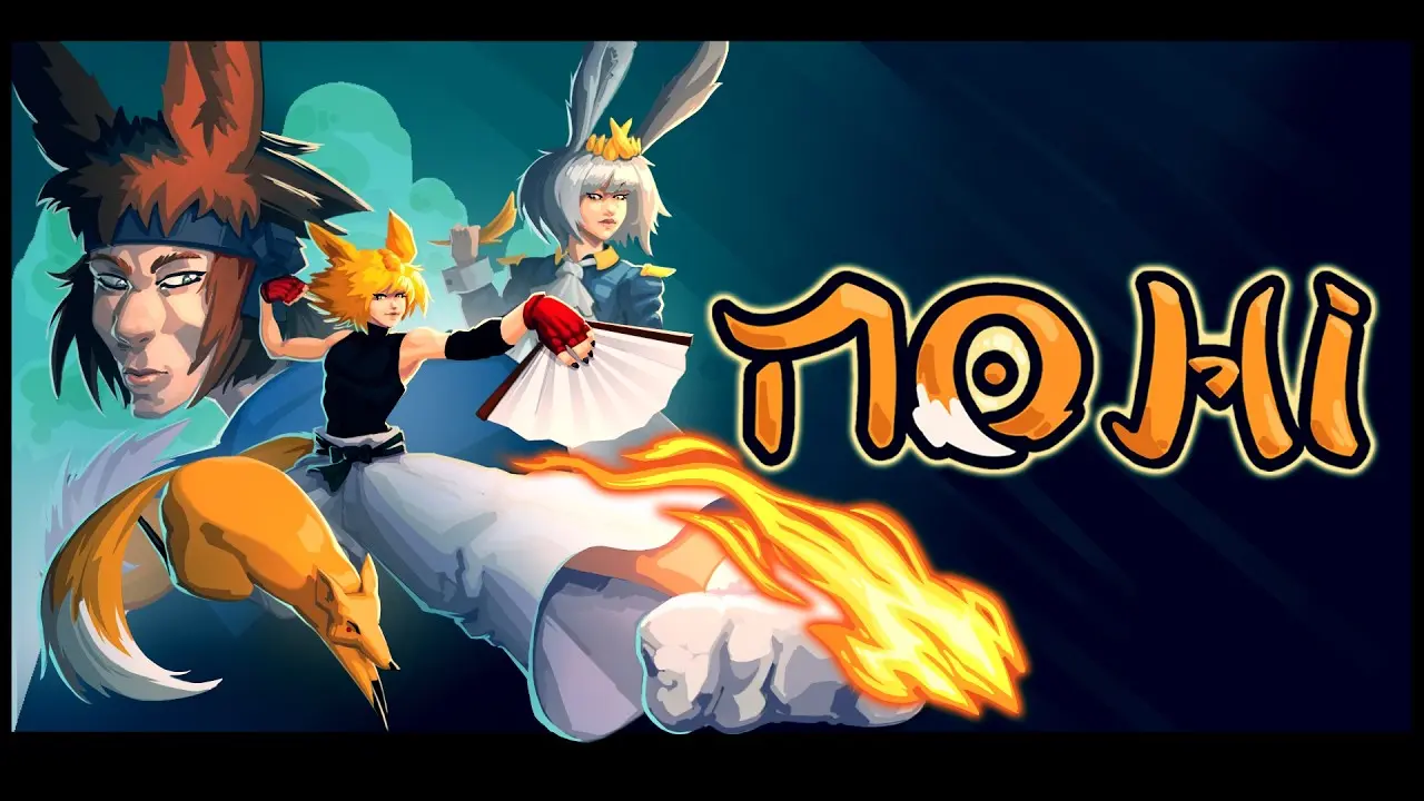Capa do trailer do No-Hi: a protagonista raposa dá um soco flamejante ao lado de dois personagens com orelhas de coelho e do logo do jogo.
